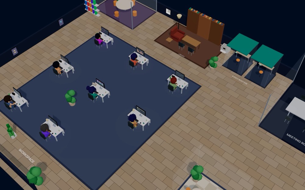 The 3D office seen from above: eight colleagues at their desks, a library corner, two video booths and a meeting room.
